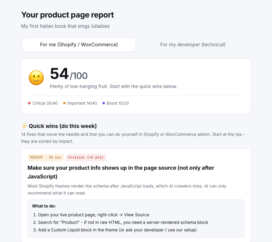Plain-English view: score, quick wins, and Shopify-admin steps